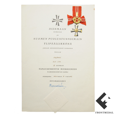 Наградной документ и Рыцарский крест с мечами и дубовой ветвью